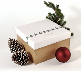 Quadratische Schachtel mit Deckel und Weihnachtsaufdruck