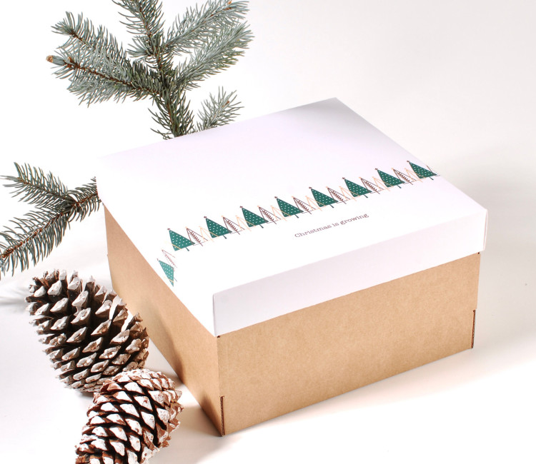 Caja cuadrada con tapa y estampado navideño Caja cuadrada con tapa y estampado navideño
