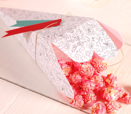 Printed cone-shaped box with decorations