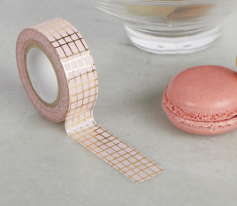 Washi tape rosa con griglia dorata