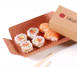 Cardboard box for sushi with a stick compartment